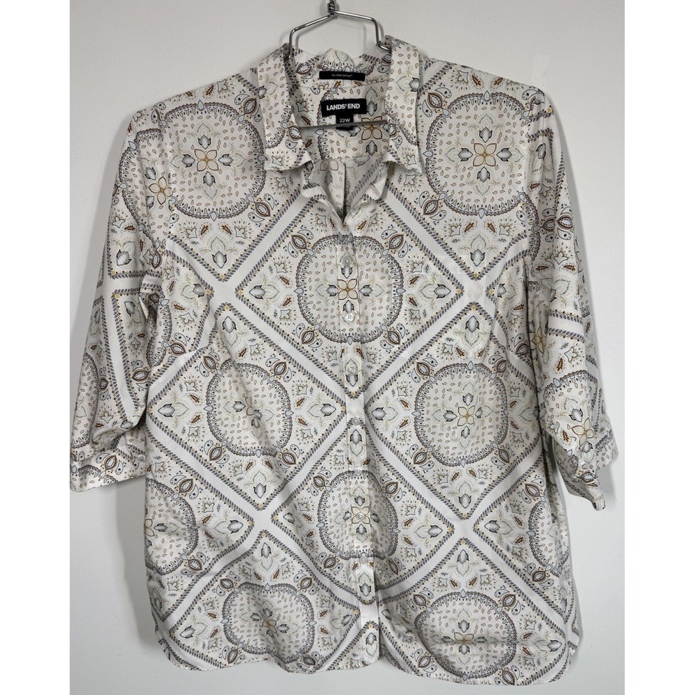 Lands' End No Iron Supima Cotton Paisley 3/4 Sleeve Button Up Shirt Women's 22W